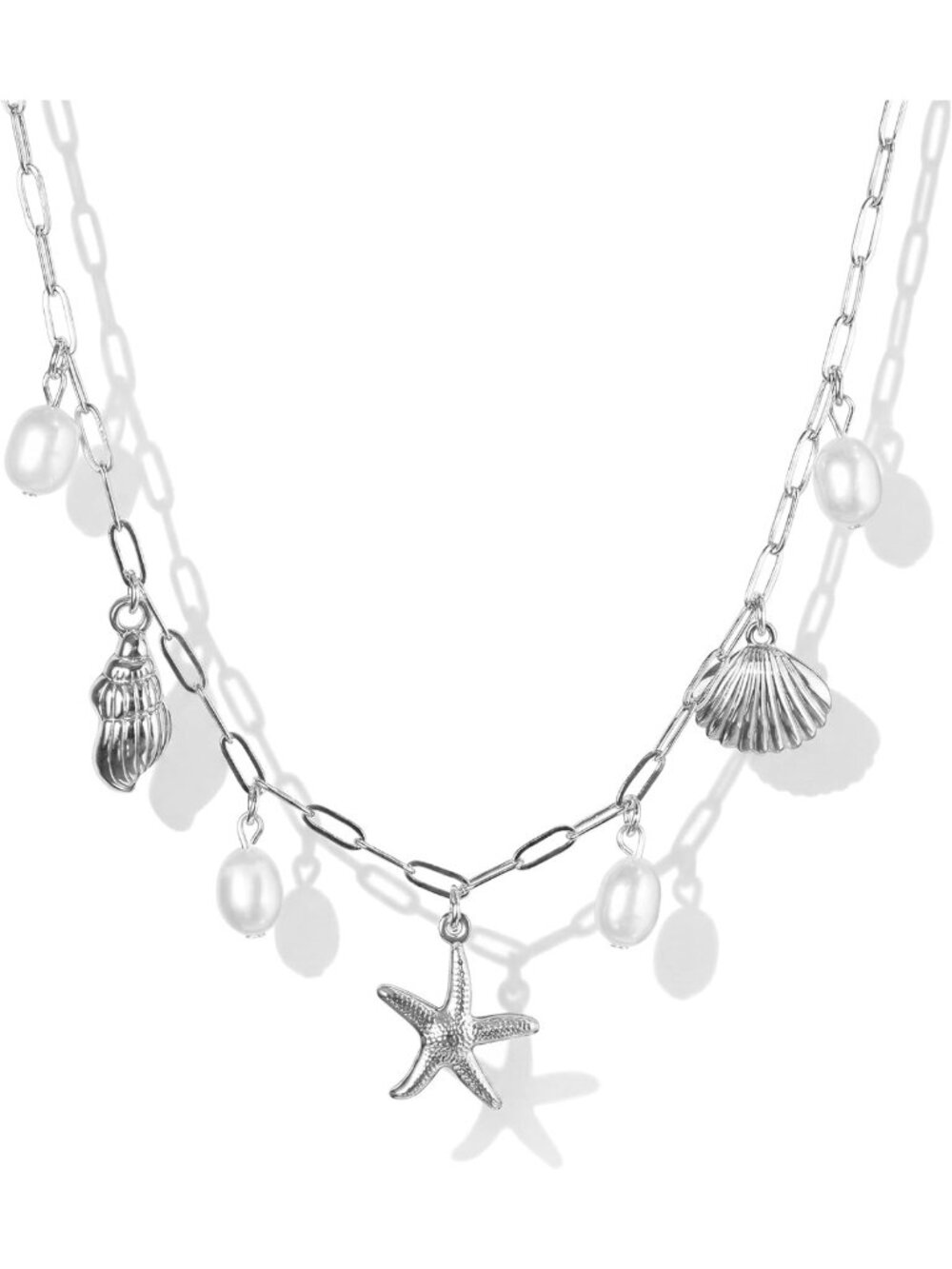 Trendy Beachy Charm Necklace - Dainty Gold Paperclip Chain with Pearl & Sea